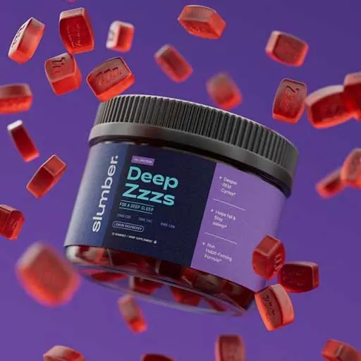 Slumber Deep Zzzs sleep gummies jar surrounded by floating gummies