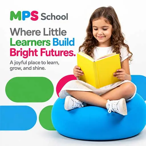 MPS School post: a girl reading on a beanbag, "Where little learners build bright futures"