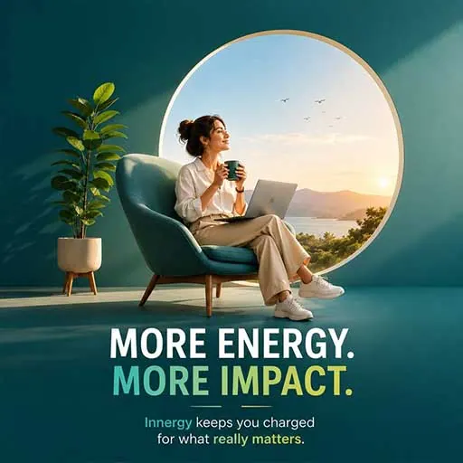 Innergy post: a woman relaxing with coffee and a laptop, "More energy. More impact."