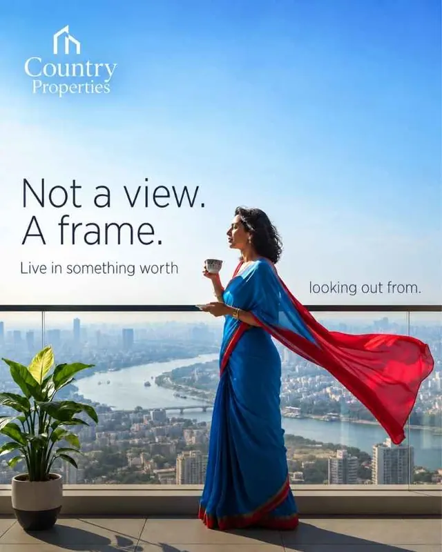 Country Properties real estate ad: a woman in a blue saree on a high-rise balcony, "Not a view. A frame."