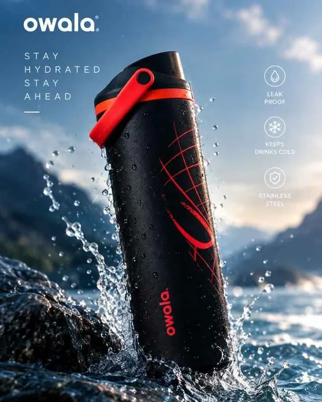 Owala water bottle splashing in the sea, "Stay hydrated, stay ahead"